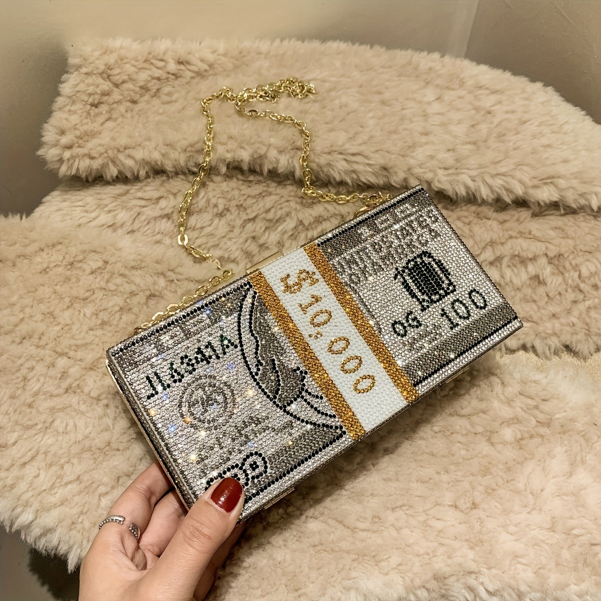 Fashion Dollar Bill Design Clutch - Rhinestone Evening Bag, Creative Personalized Handbag With Chain Shoulder Strap, Small Party Crossbody Purse, Bag - For Women - Perfect for Parties & Special Occasions - Ideal Gift